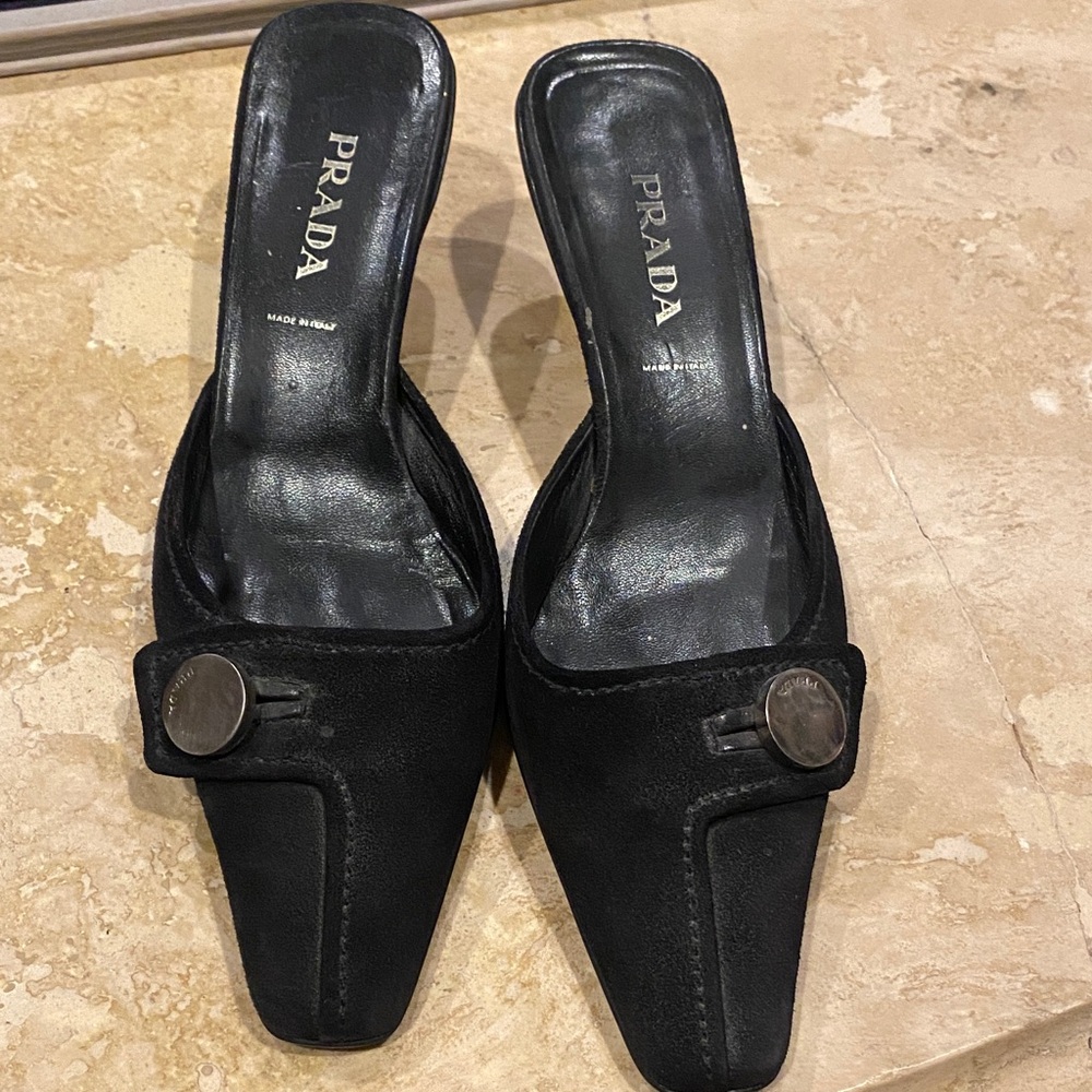 Prada Black Suede Mules with Silver Accent